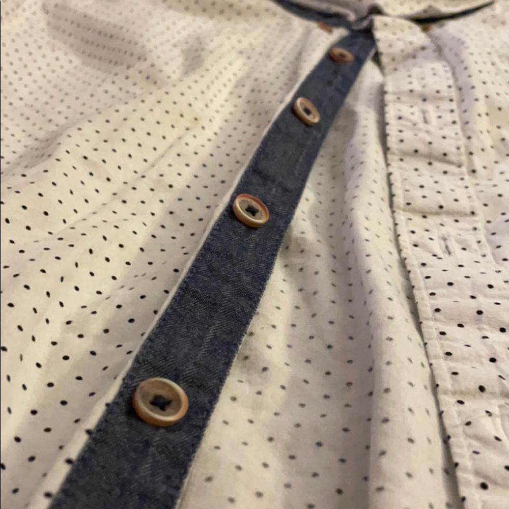 Blue dots, white shirt long sleeve buttons down